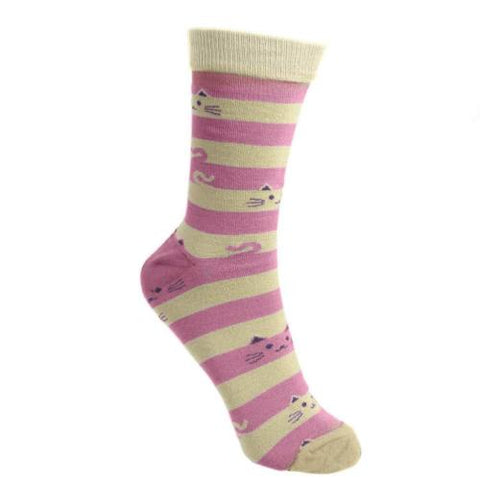 PINK STRIPE CAT BAMBOO SOCKS - ladies