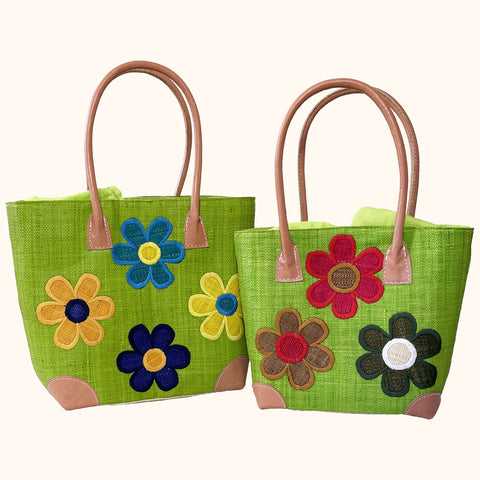 LIME GREEN FLOWER RAFFIA BASKET