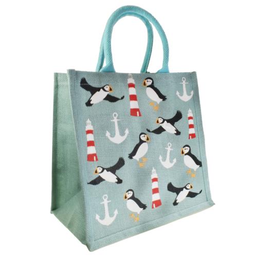 PUFFINS & LIGHTHOUSE JUTE SHOPPING BAG  - BLUE