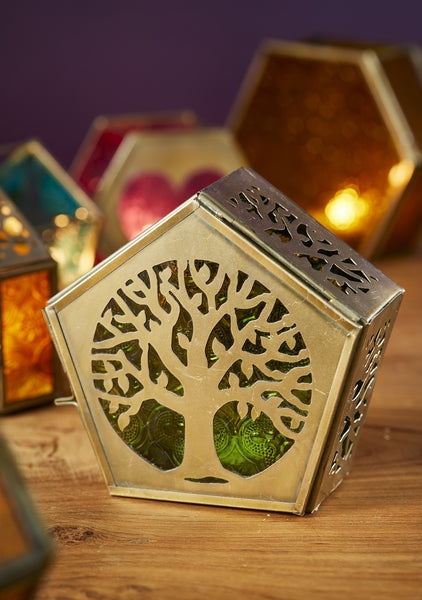 GREEN PENTAGON TREE OF LIFE TEALIGHT LANTERN