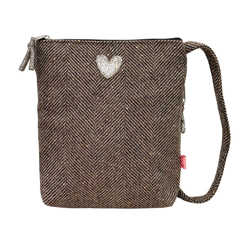 CHOCOLATE SPARKLE HEART HERRINGBONE CROSS BODY BAG - by Lua