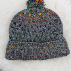 GREY RAINBOW BOBBLE WOOL KNIT HAT