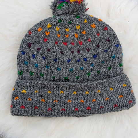 GREY RAINBOW BOBBLE WOOL KNIT HAT