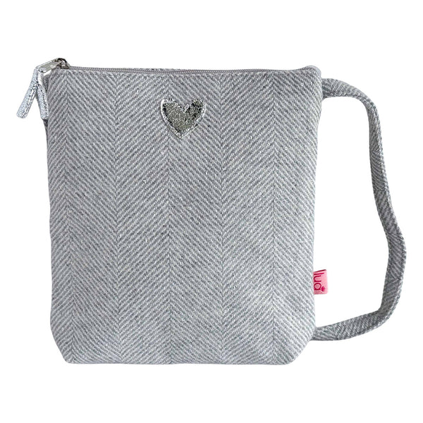 SILVER SPARKLE HEART HERRINGBONE CROSS BODY BAG - by Lua