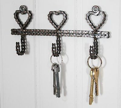 recycled bike chain triple heart key hook rack