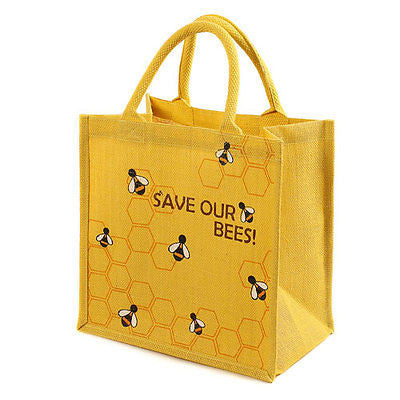 save our bees yellow jute shopping bag