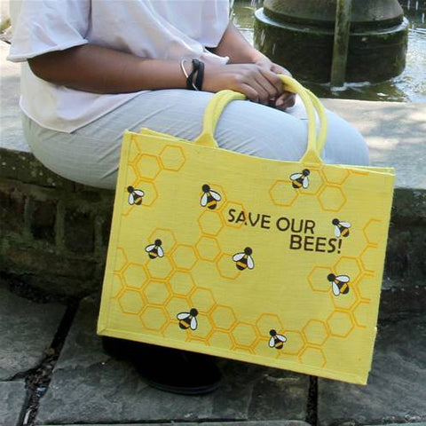 SAVE OUR BEES LARGE JUTE SHOPPING BAG - YELLOW