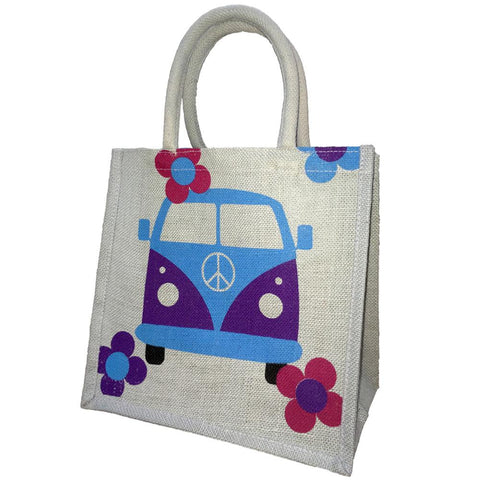 VW CAMPERVAN JUTE SHOPPING BAG - BLUE & PURPLE