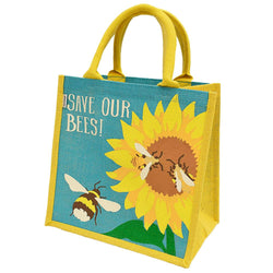 SAVE OUR BEES SUNFLOWER JUTE SHOPPING BAG - YELLOW & TURQUOISE